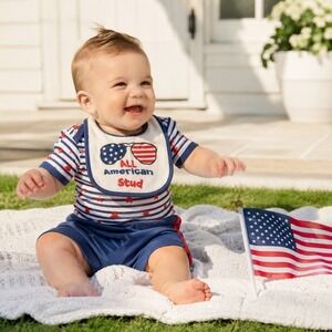 Baby Gear Boys 3Pc Patriotic Outfit Set Stars Stripes Bodysuit Shorts Bib 6-9M